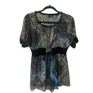 Icons women's M sheer flowy top with velvet waist tie and sleeve details GUC